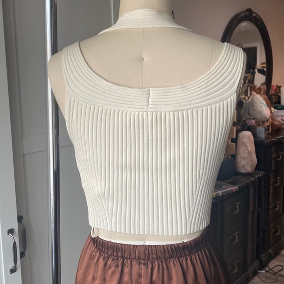 SAMPLE Jonathan Simkhai Cream Cut Out Halter Tank Top Crop Layering Ribbed - Picture 2 of 4